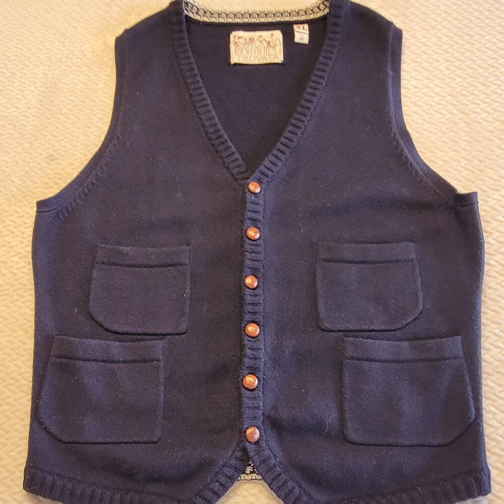 Trovata Women's Tight-Knit Six Button V-Neck Sweater Vest Cashmere Blend Navy XL